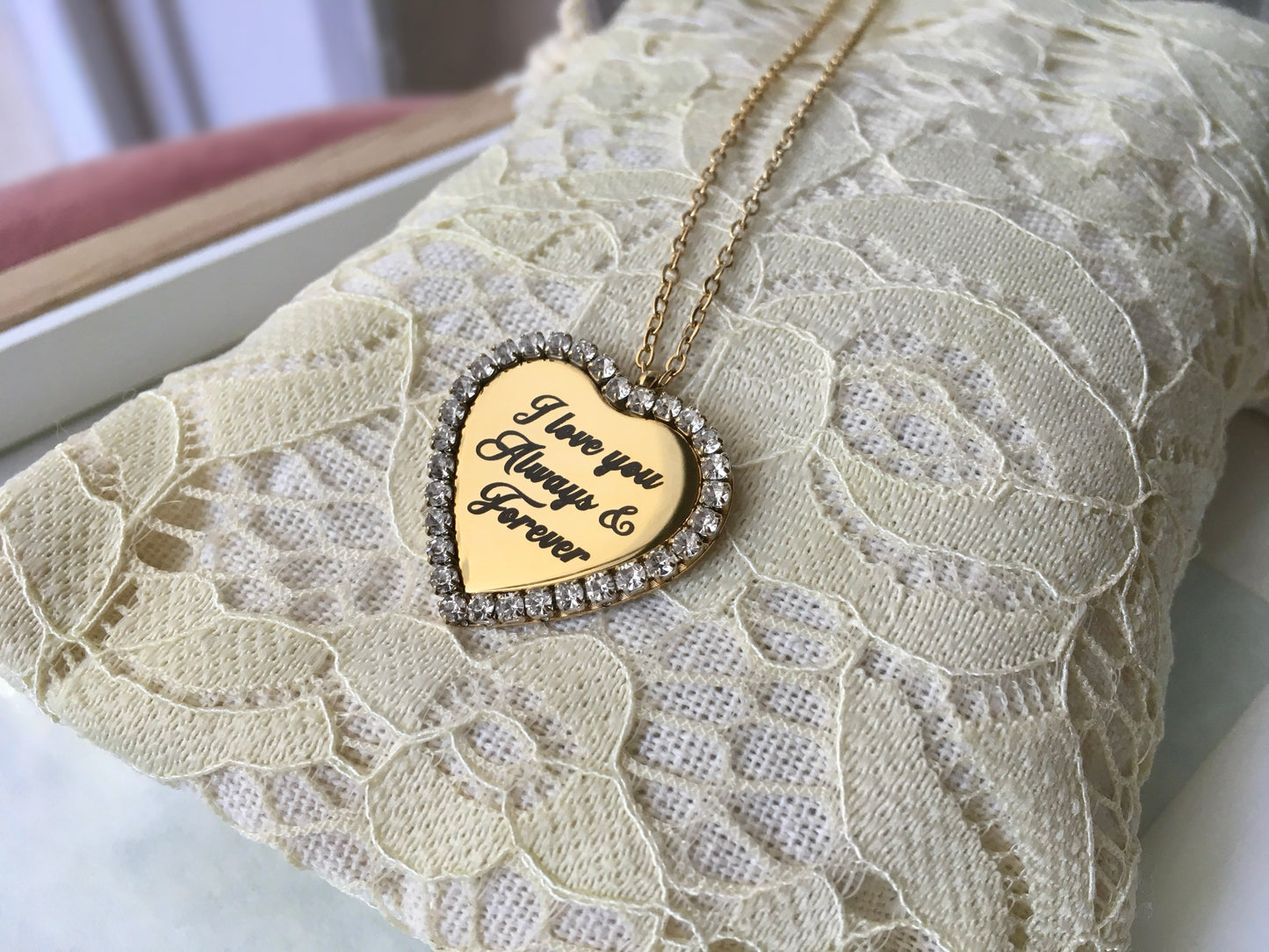 Collana Ciondolo Cuore Cristalli Cubic Zirconia Nome Inciso Iniziale Acciaio Inossidabile Oro 18k Idea Regalo Incisione Personalizzata