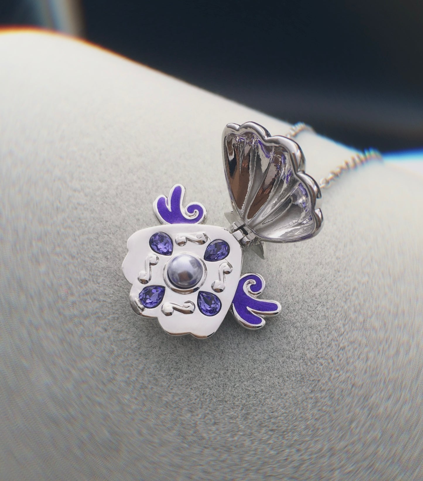 Collana Ciondolo Conchiglia Sirena Locket Medaglione Perla Viola e Cristalli Mermaid Melody