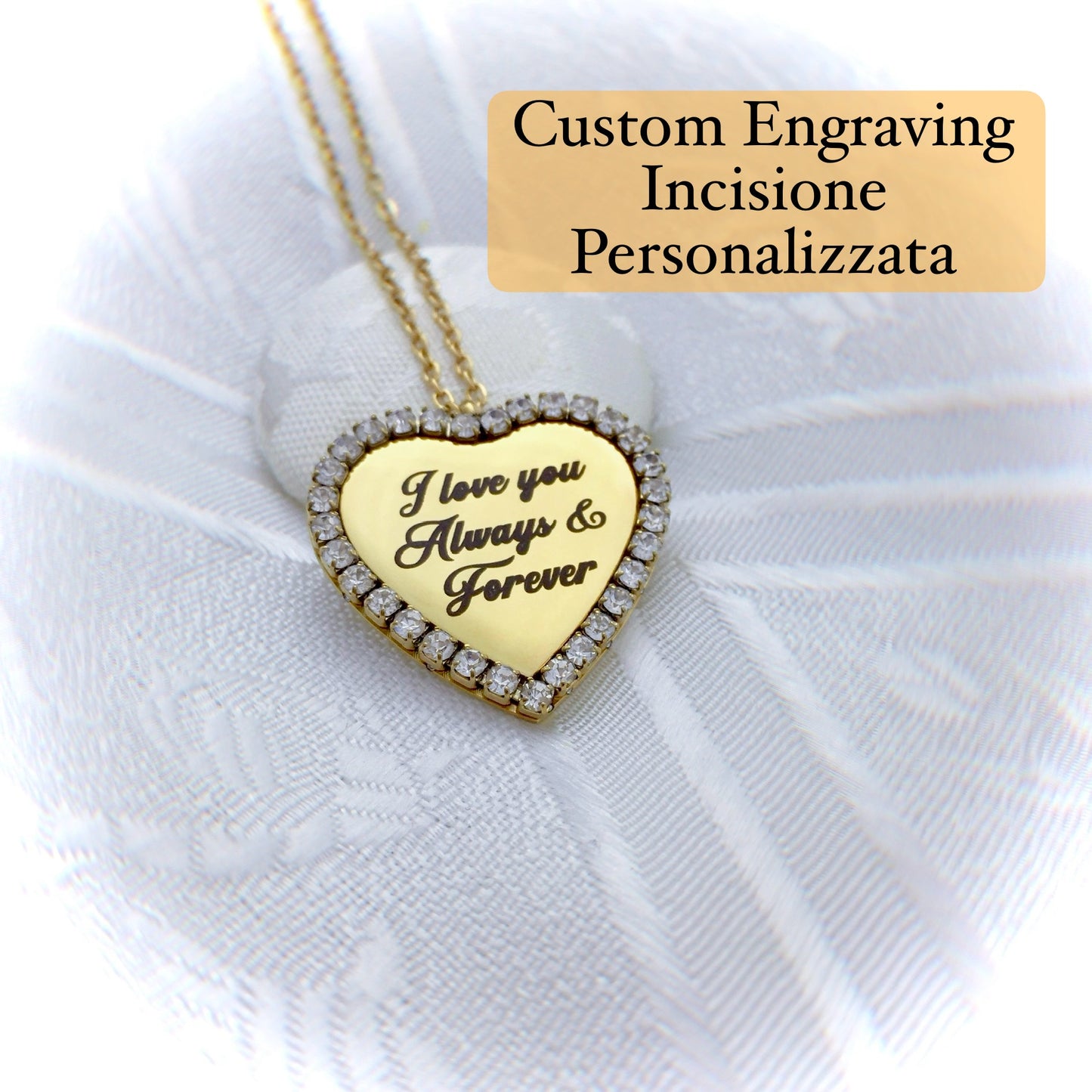 Collana Ciondolo Cuore Cristalli Cubic Zirconia Nome Inciso Iniziale Acciaio Inossidabile Oro 18k Idea Regalo Incisione Personalizzata