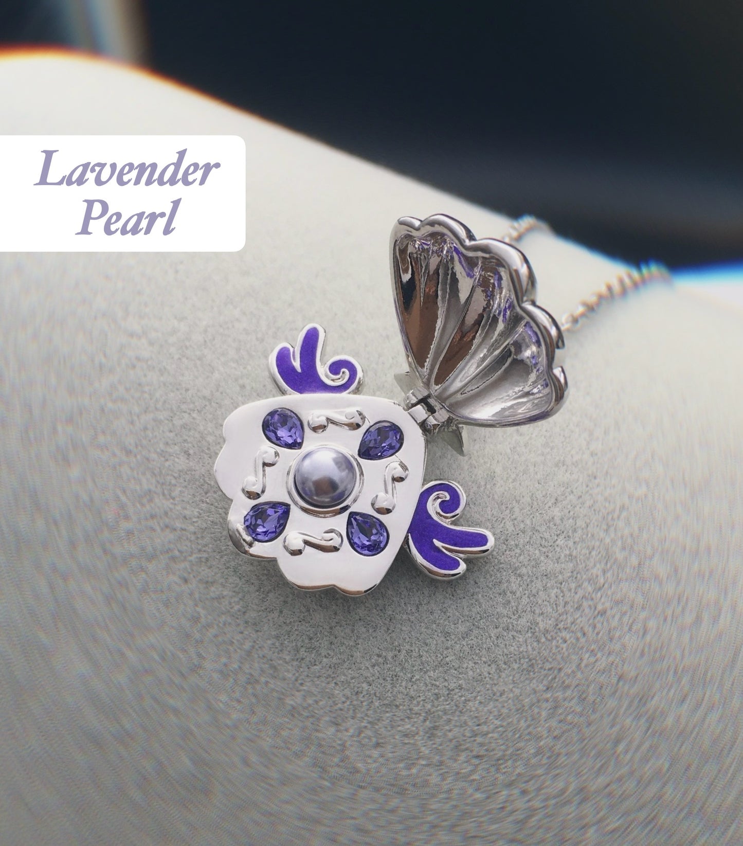 Collana Ciondolo Conchiglia Sirena Locket Medaglione Perla Viola e Cristalli Mermaid Melody