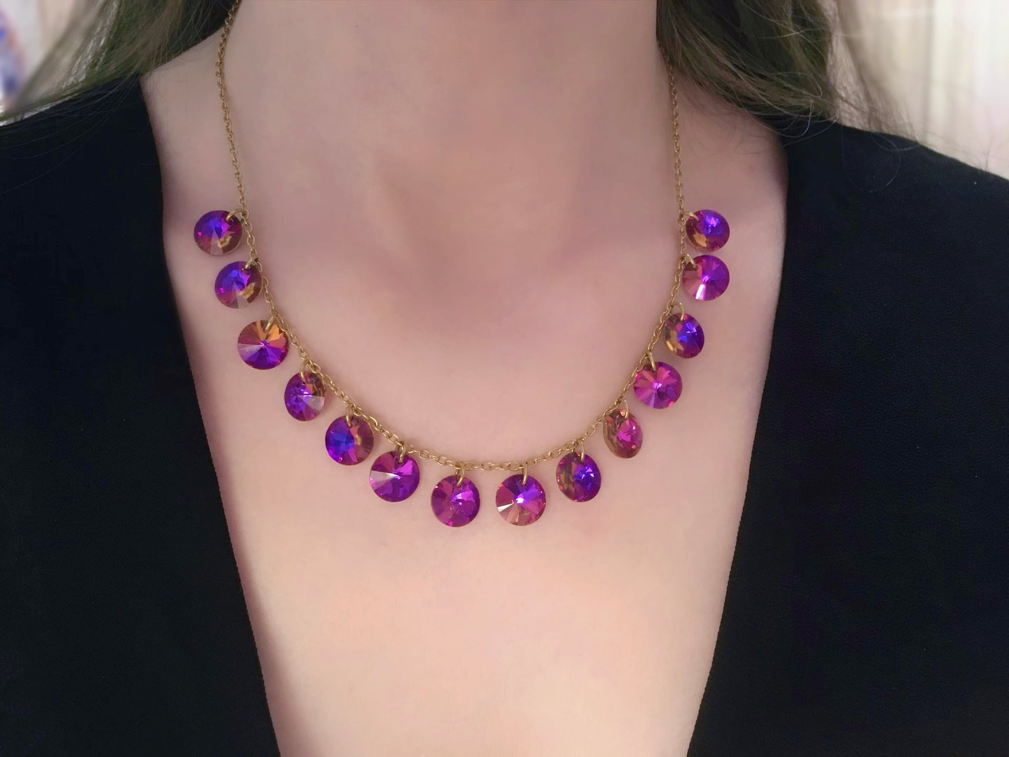 Lady Morgana - Collana con Cristalli Tondi Viola - Acciaio Inossidabile Oro 18k