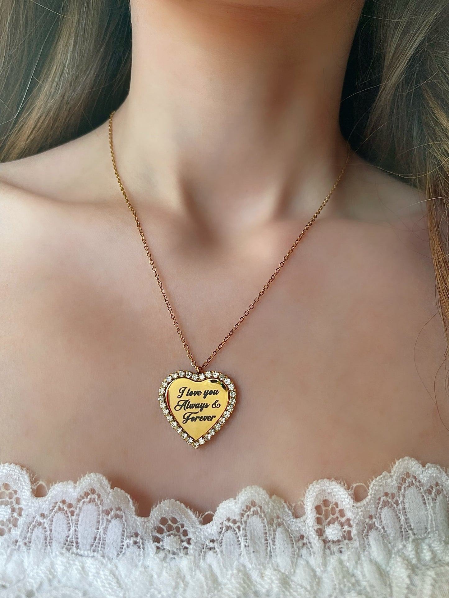Collana Ciondolo Cuore Cristalli Cubic Zirconia Nome Inciso Iniziale Acciaio Inossidabile Oro 18k Idea Regalo Incisione Personalizzata