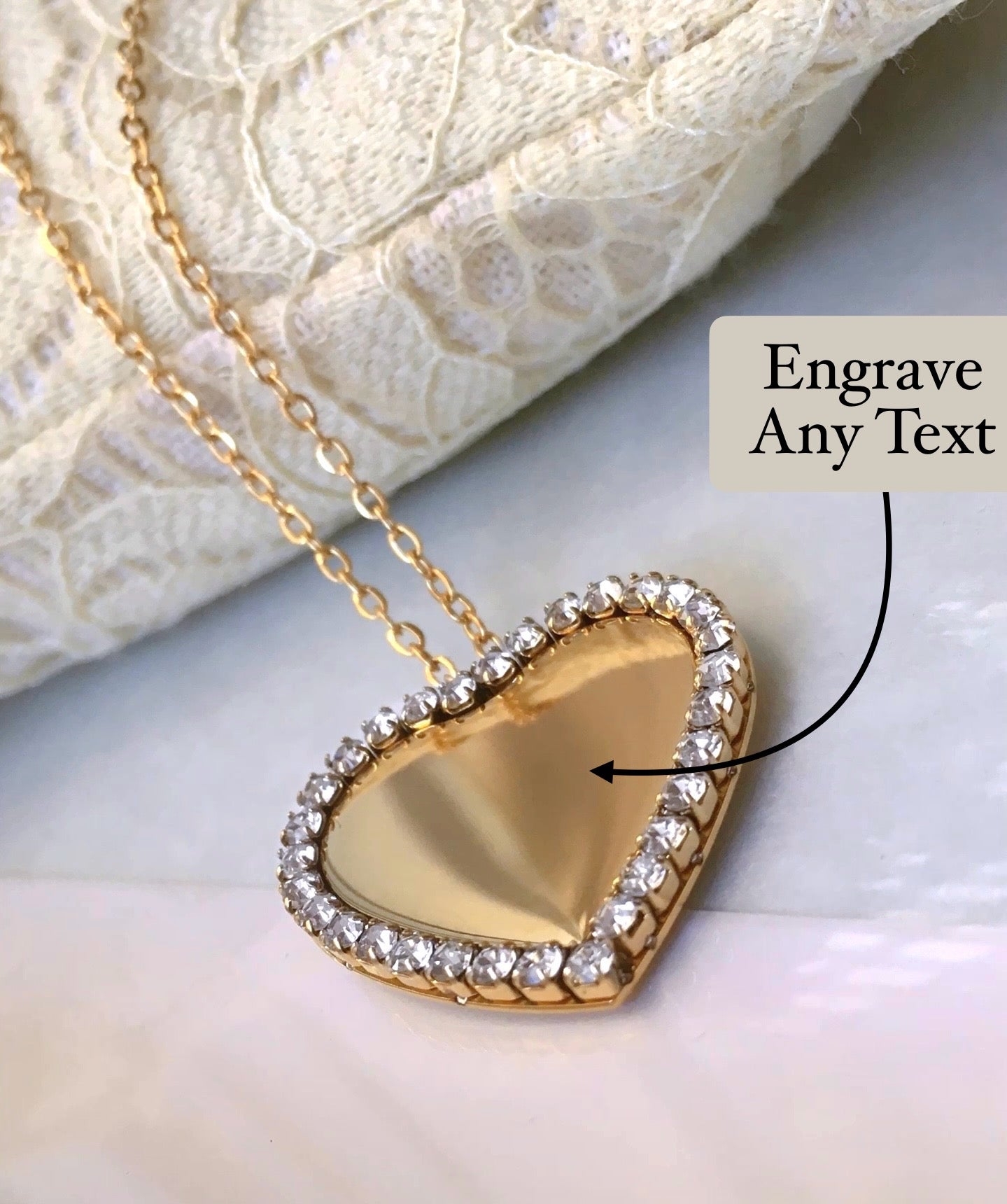 Collana Ciondolo Cuore Cristalli Cubic Zirconia Nome Inciso Iniziale Acciaio Inossidabile Oro 18k Idea Regalo Incisione Personalizzata