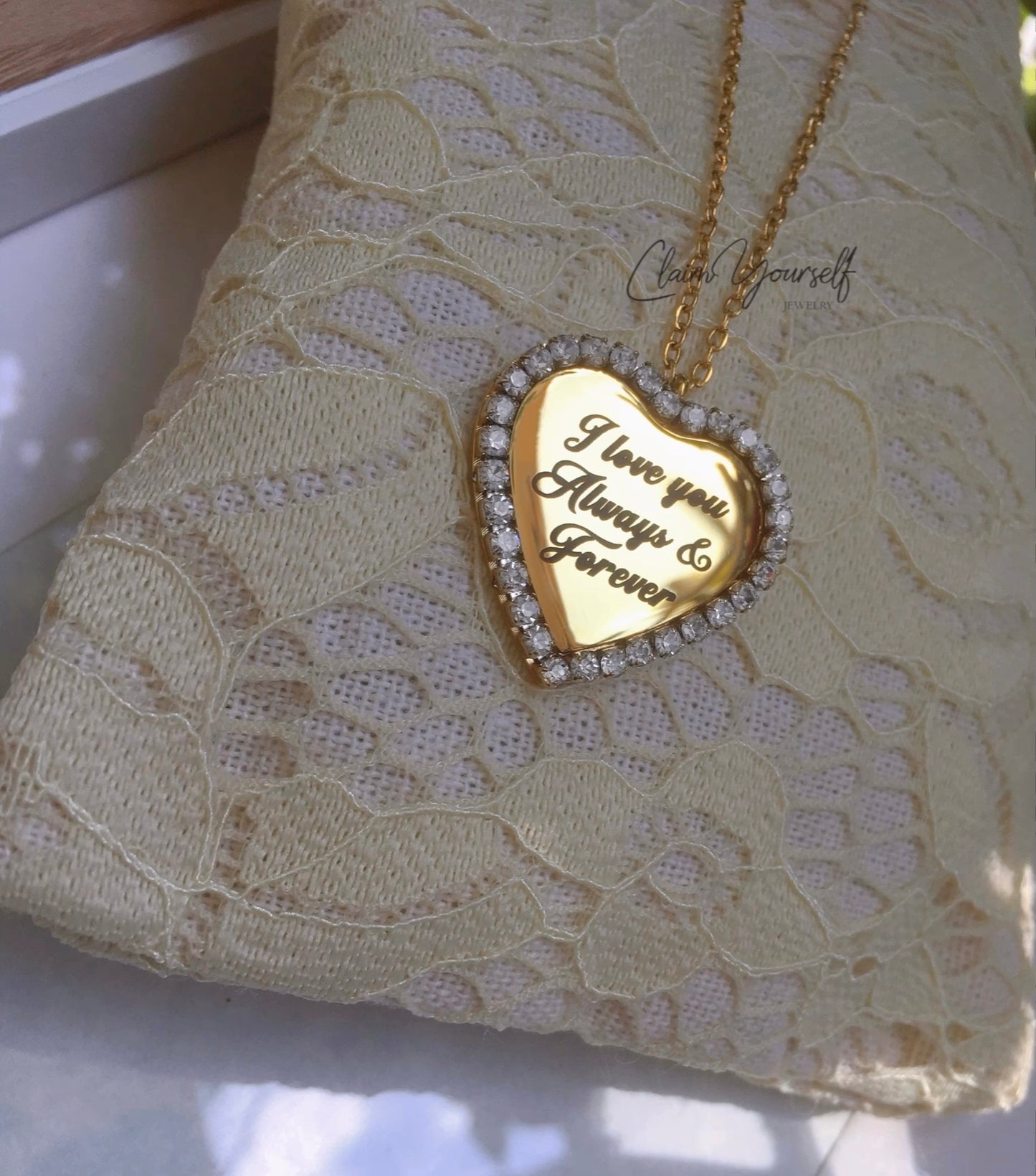 Collana Ciondolo Cuore Cristalli Cubic Zirconia Nome Inciso Iniziale Acciaio Inossidabile Oro 18k Idea Regalo Incisione Personalizzata