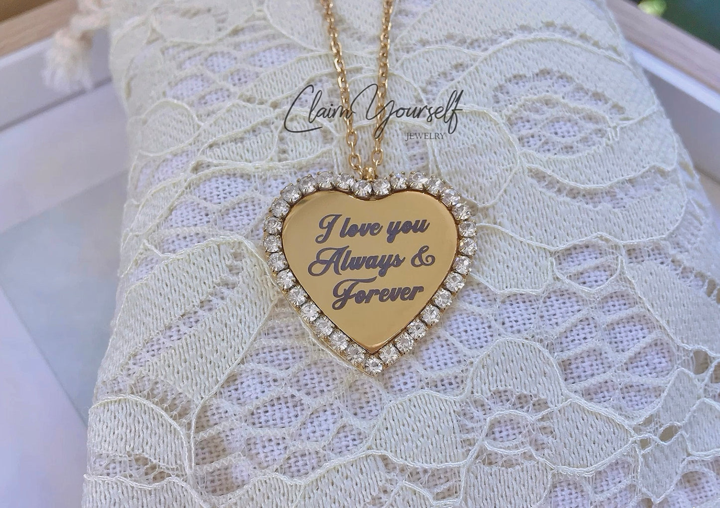 Collana Ciondolo Cuore Cristalli Cubic Zirconia Nome Inciso Iniziale Acciaio Inossidabile Oro 18k Idea Regalo Incisione Personalizzata