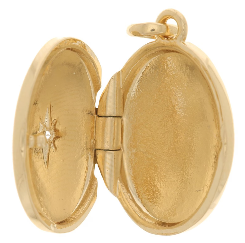 Ciondolo Locket Portafoto Medaglione Ovale - Placcato Oro 16k 3 microns - Incisione Stella e Cristallo Cubic Zirconia