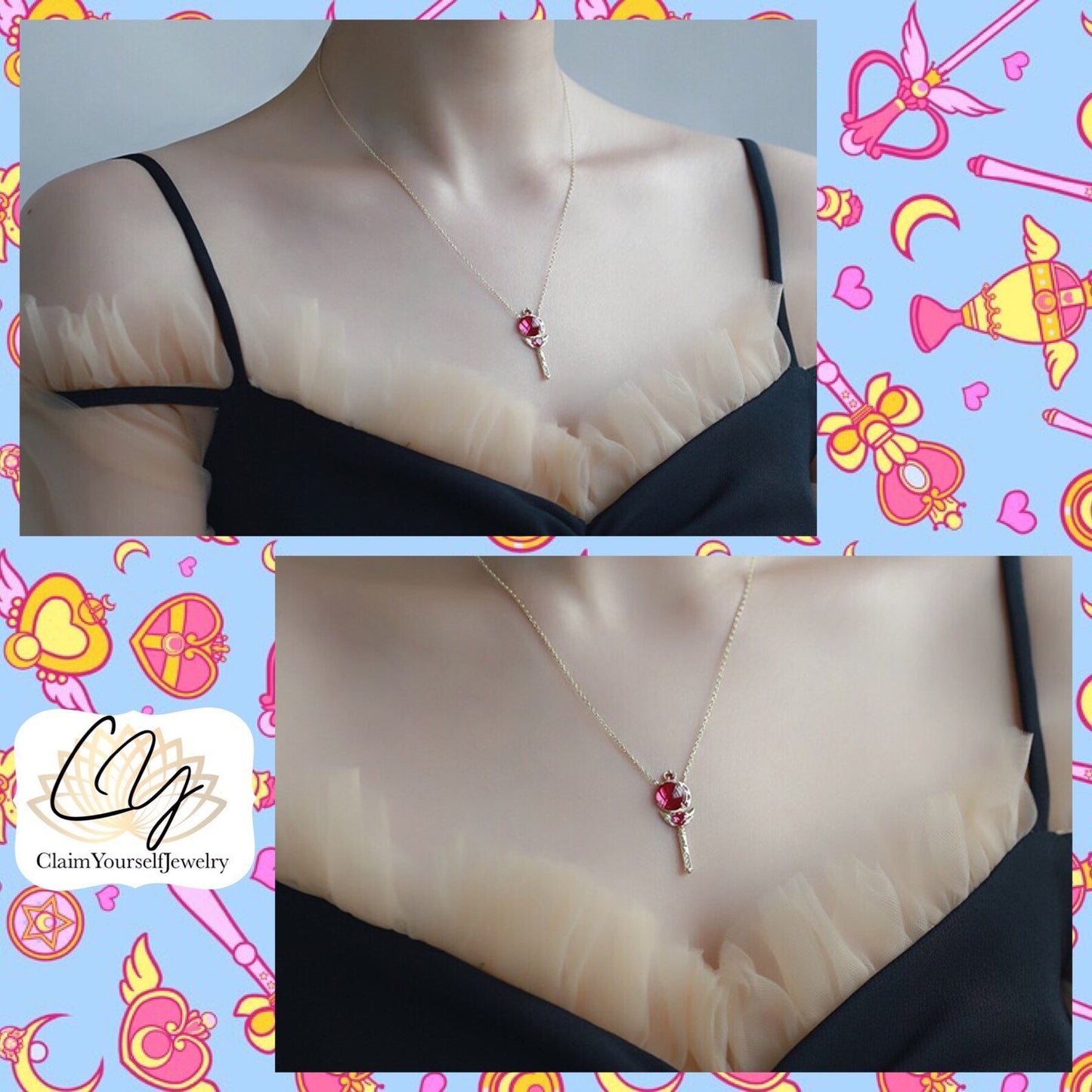Collana Sailor Moon Scettro Magico - Cutie Moon Rod Ciondolo Argento Sterling 925 Cristalli Cubic Zirconia