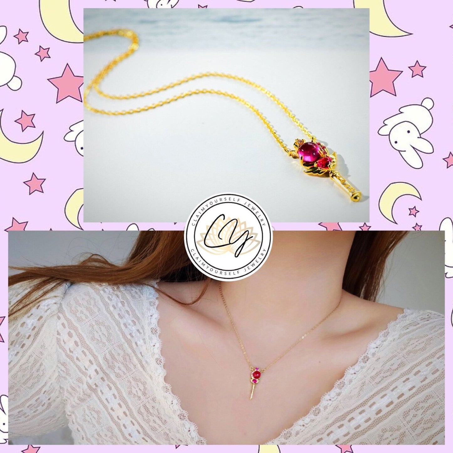 Collana Sailor Moon Scettro Magico - Cutie Moon Rod Ciondolo Argento Sterling 925 Cristalli Cubic Zirconia