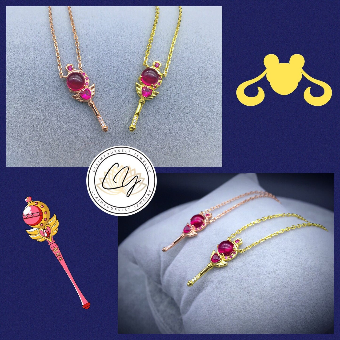 Collana Sailor Moon Scettro Magico - Cutie Moon Rod Ciondolo Argento Sterling 925 Cristalli Cubic Zirconia