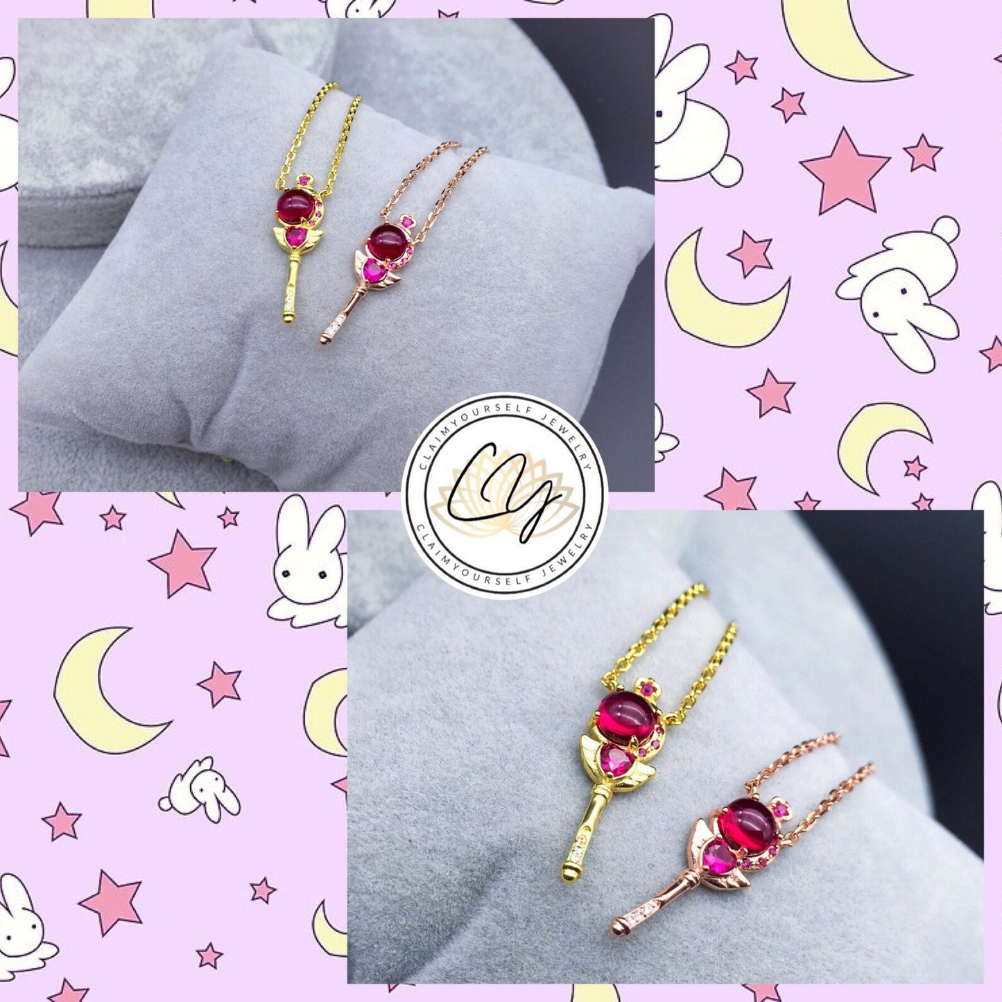 Collana Sailor Moon Scettro Magico - Cutie Moon Rod Ciondolo Argento Sterling 925 Cristalli Cubic Zirconia