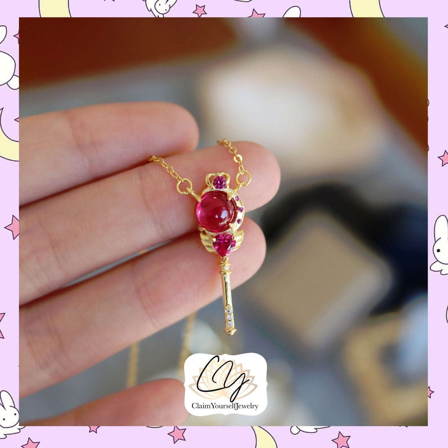 Collana Sailor Moon Scettro Magico - Cutie Moon Rod Ciondolo Argento Sterling 925 Cristalli Cubic Zirconia