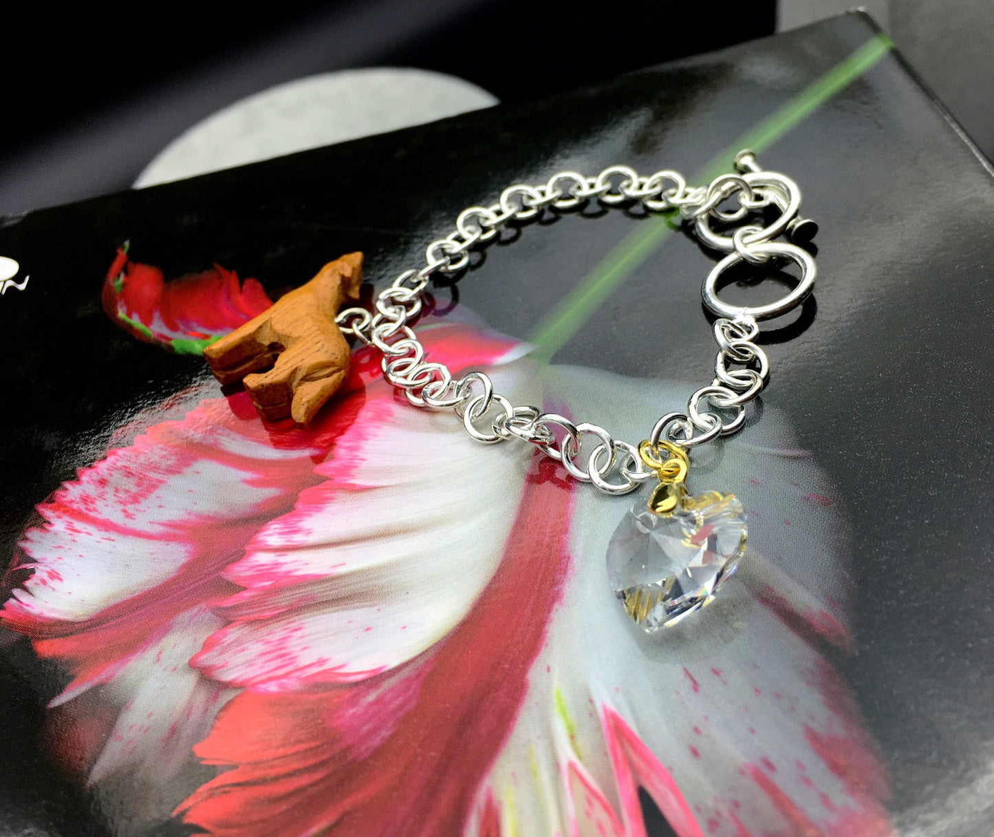 Bracciale "Bella" Cuore in cristallo e Lupo in legno intagliato a mano - Argento Sterling Silver 925