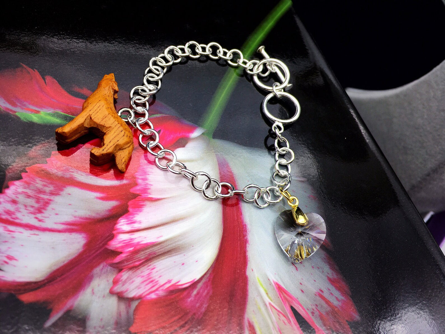Bracciale "Bella" Cuore in cristallo e Lupo in legno intagliato a mano - Argento Sterling Silver 925