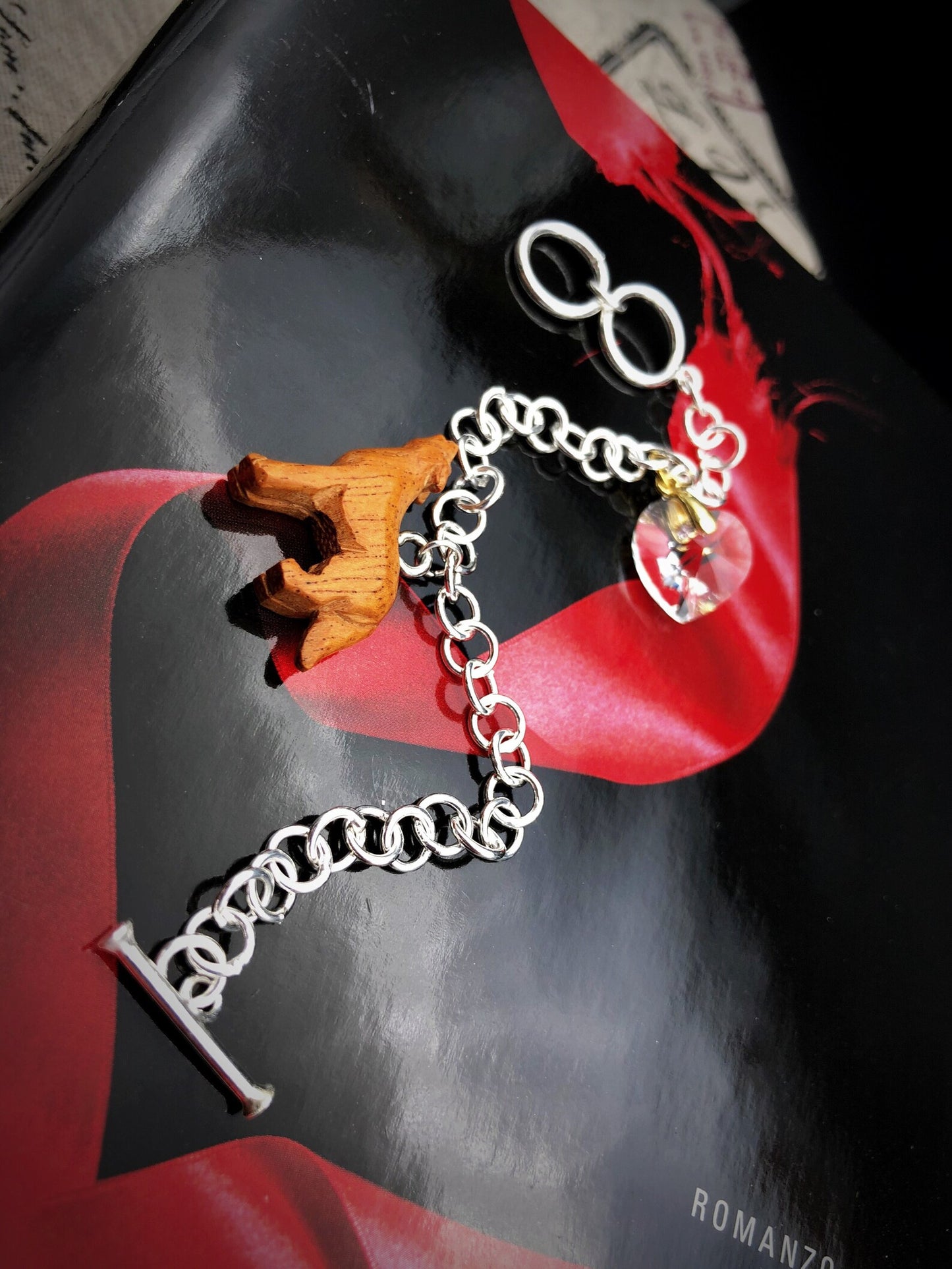 Bracciale "Bella" Cuore in cristallo e Lupo in legno intagliato a mano - Argento Sterling Silver 925