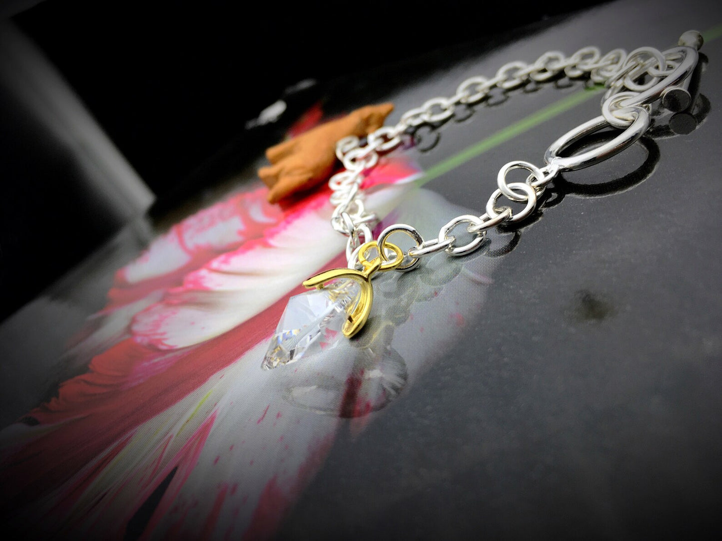 Bracciale "Bella" Cuore in cristallo e Lupo in legno intagliato a mano - Argento Sterling Silver 925