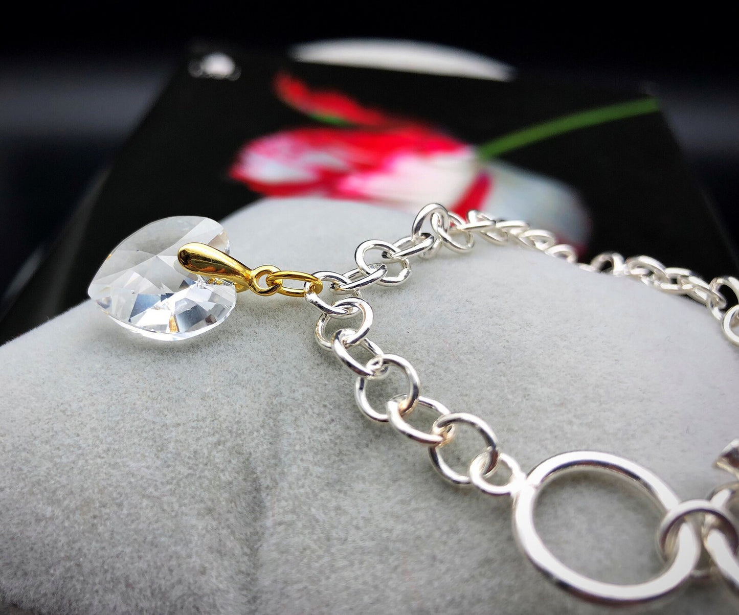 Bracciale "Bella" Cuore in cristallo e Lupo in legno intagliato a mano - Argento Sterling Silver 925