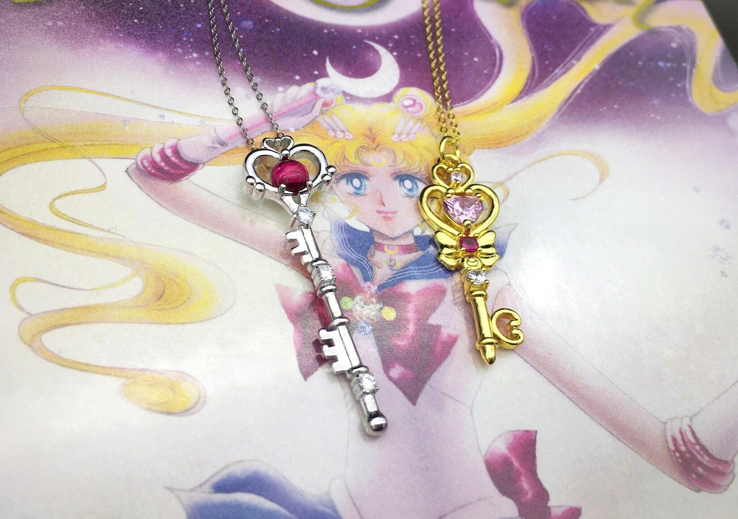 Collana Sailor Moon Chibiusa Chiave del Tempo Ciondolo Argento Sterling 925 Cristalli Cubic Zirconia