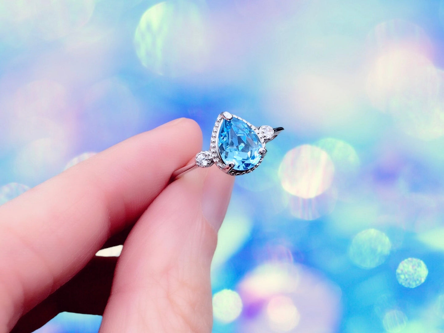 925 Sterling Silver Asuna Aquamarine Crystal Drop Ring - Anime Engagement Ring
