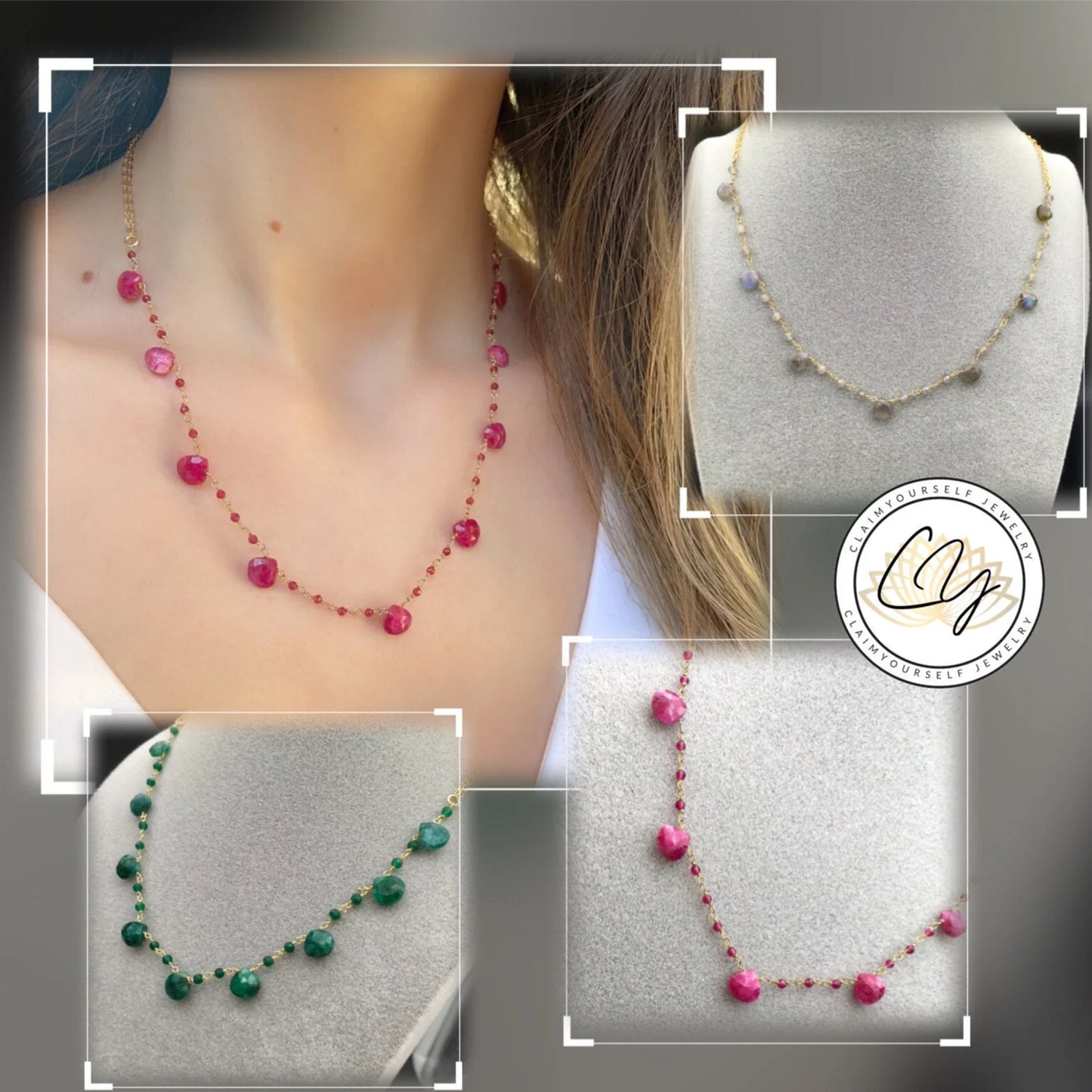 Collana Rosario Radice di Smeraldo - Rubino - Labradorite in Argento Sterling 925 Placcato Oro 21k e 14k Gold Filled