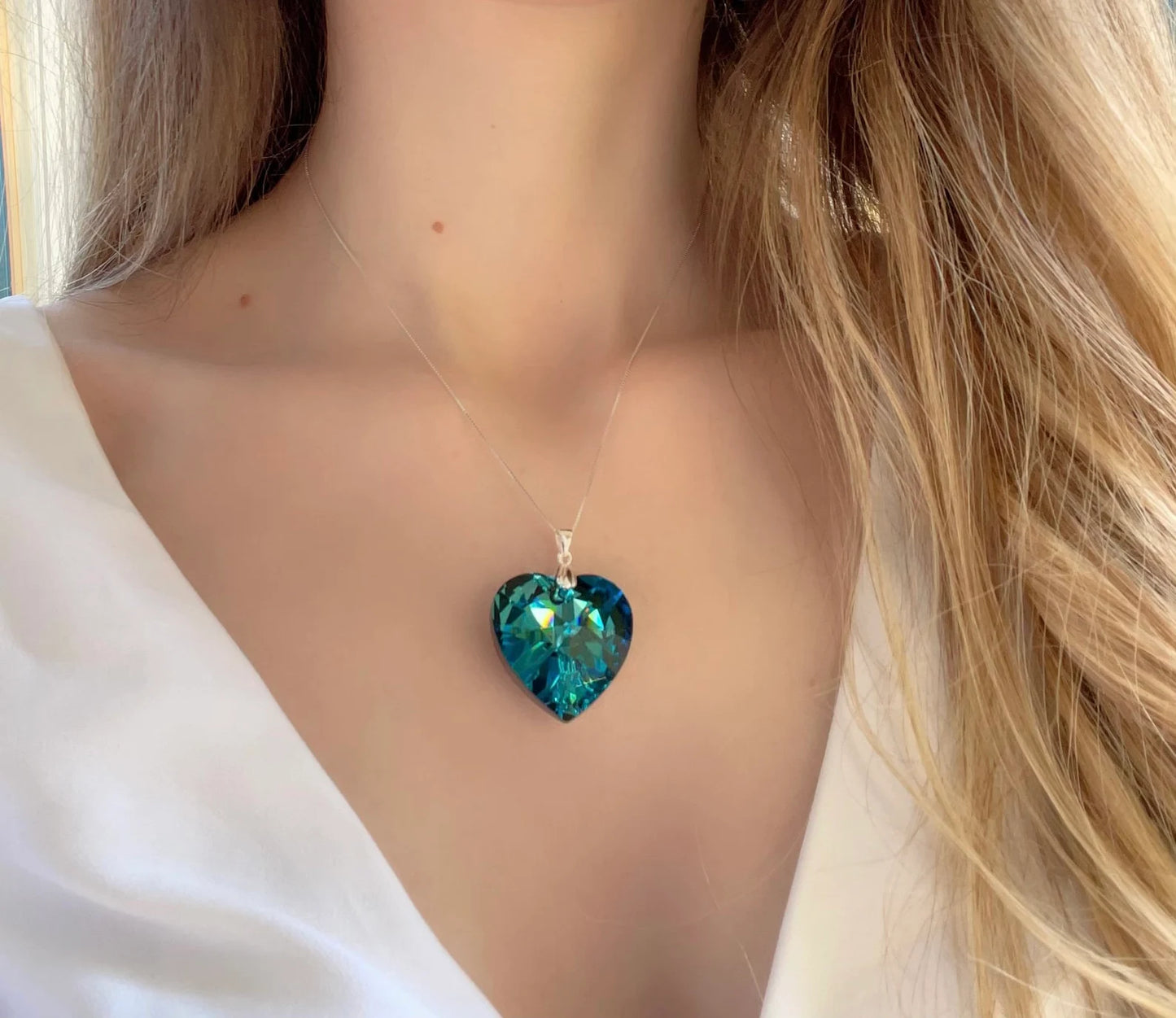 Collana Ciondolo Grande Cuore Blu in cristallo Swarovski® Blue Bermuda - Argento Sterling 925