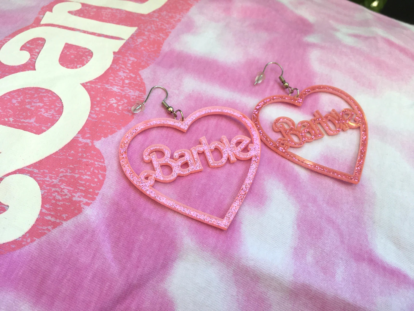 Orecchini Grandi Cuore Barbara Rosa Glitter Bambola B - Acrilico Glitterato