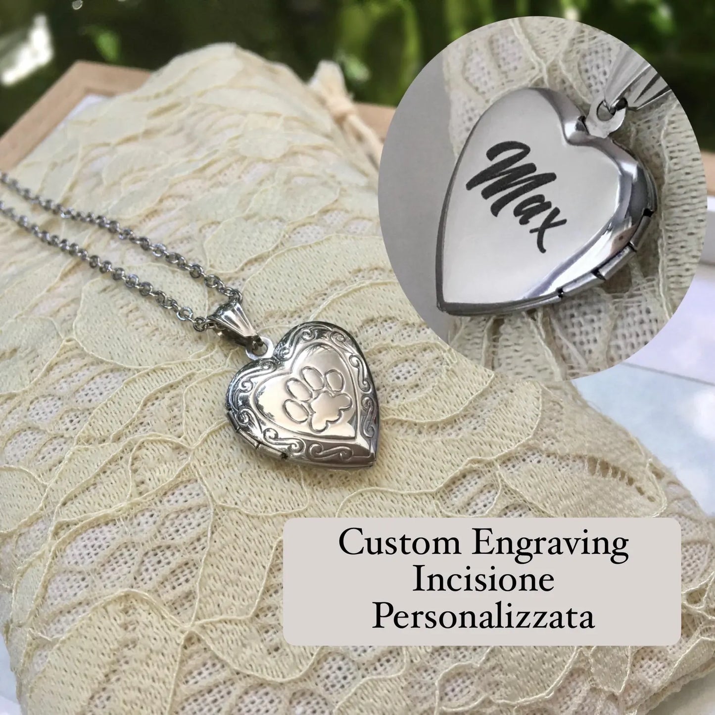 Collana Ciondolo Portafoto Cuore Zampa Paw - Acciaio Inossidabile - Commemorativo Animali Domestici Impronta con Incisione Personalizzata