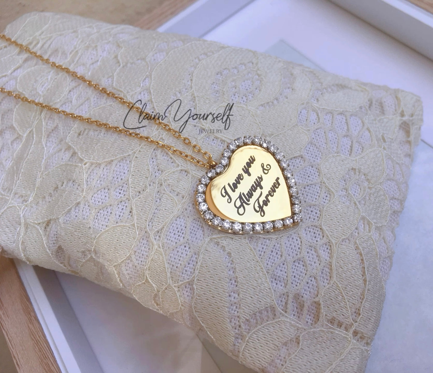 Collana Ciondolo Cuore Cristalli Cubic Zirconia Nome Inciso Iniziale Acciaio Inossidabile Oro 18k Idea Regalo Incisione Personalizzata