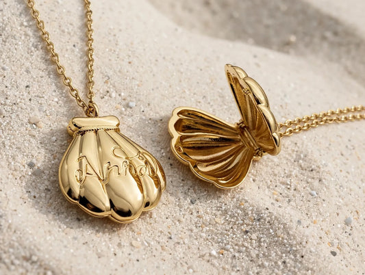 Collana Nome "Anna" Ciondolo Conchiglia Sirena Locket Apribile Medaglione Placcato Oro 20k