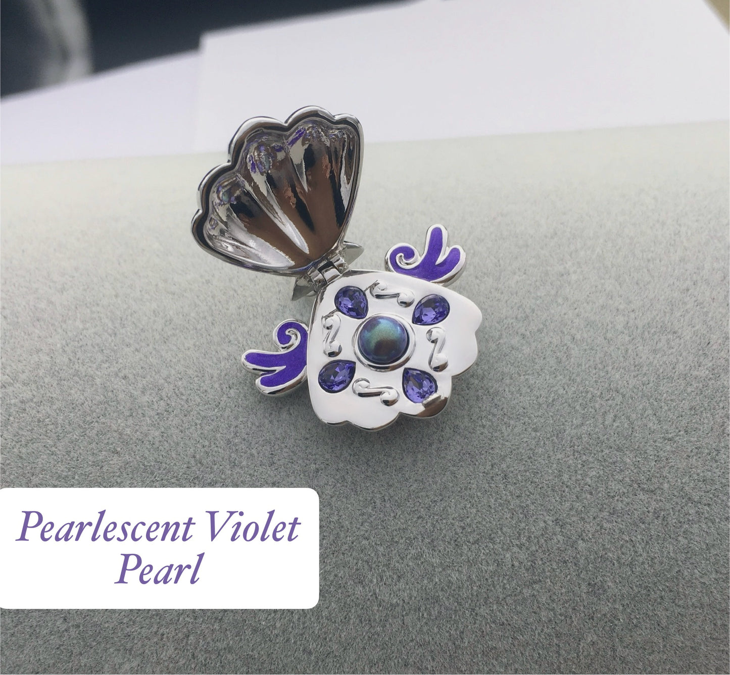 Collana Ciondolo Conchiglia Sirena Locket Medaglione Perla Viola e Cristalli Mermaid Melody