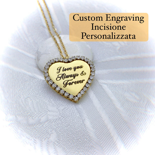 Collana Ciondolo Cuore Cristalli Cubic Zirconia Nome Inciso Iniziale Acciaio Inossidabile Oro 18k Idea Regalo Incisione Personalizzata