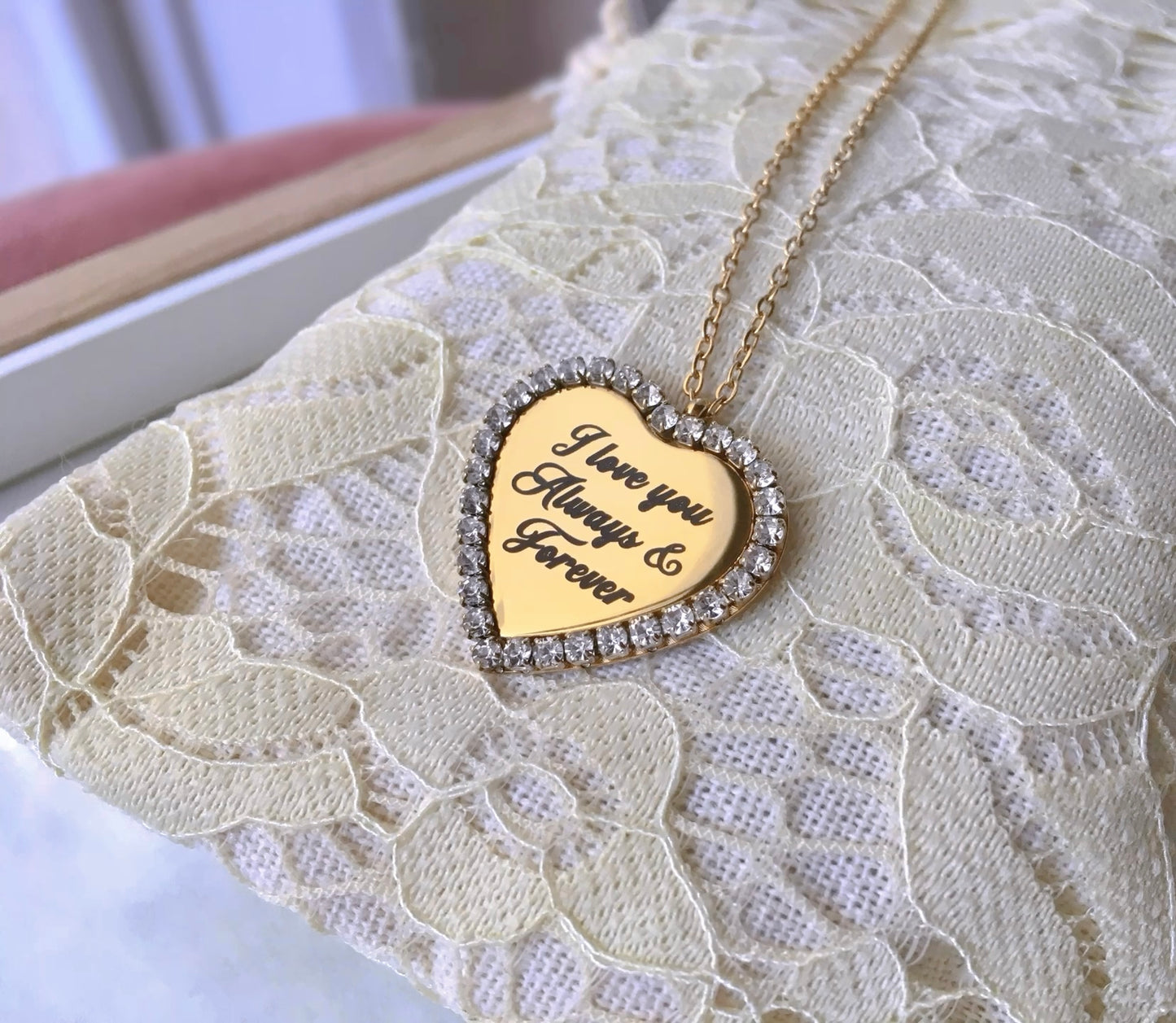 Collana Ciondolo Cuore Cristalli Cubic Zirconia Nome Inciso Iniziale Acciaio Inossidabile Oro 18k Idea Regalo Incisione Personalizzata