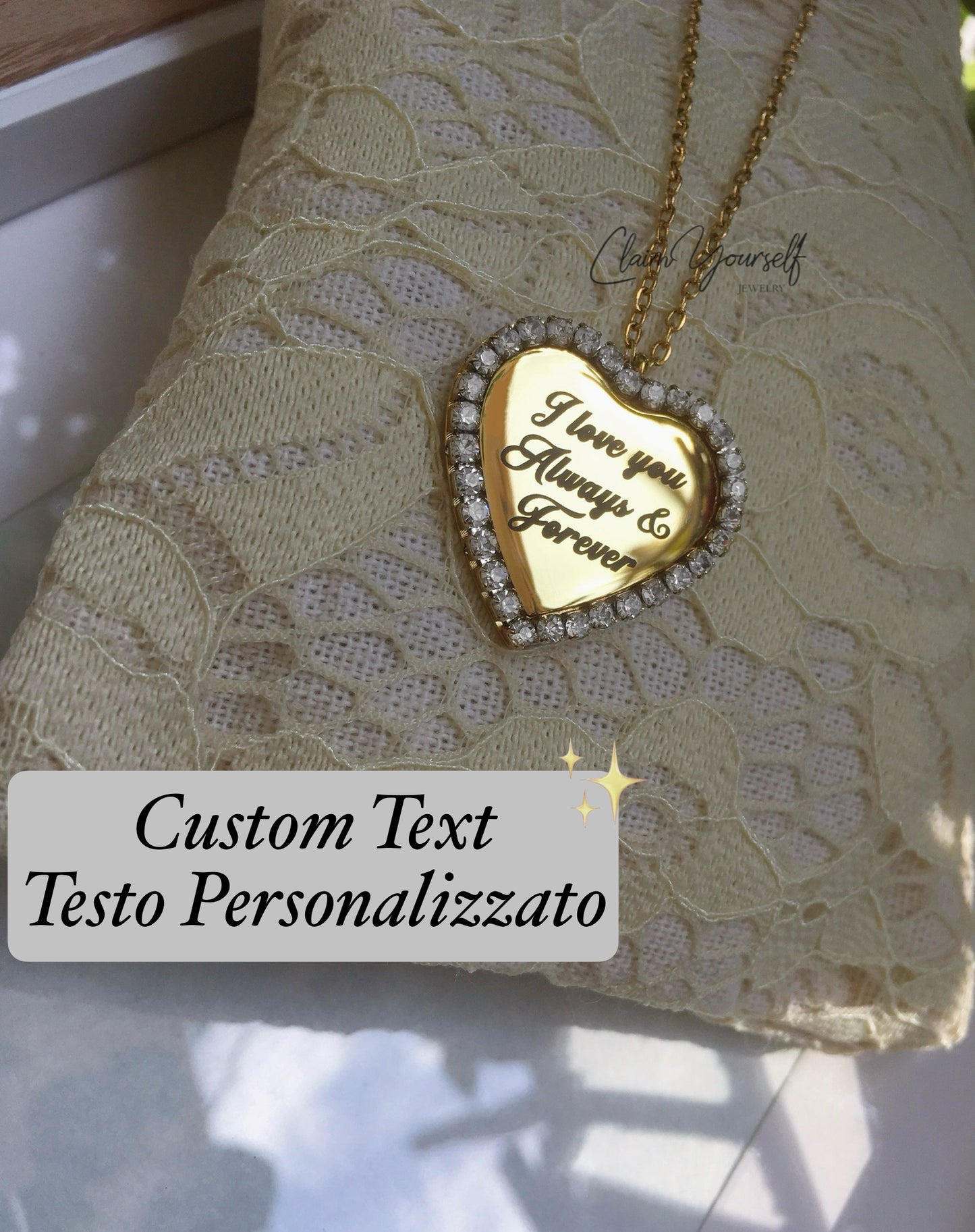Collana Ciondolo Cuore Cristalli Cubic Zirconia Nome Inciso Iniziale Acciaio Inossidabile Oro 18k Idea Regalo Incisione Personalizzata