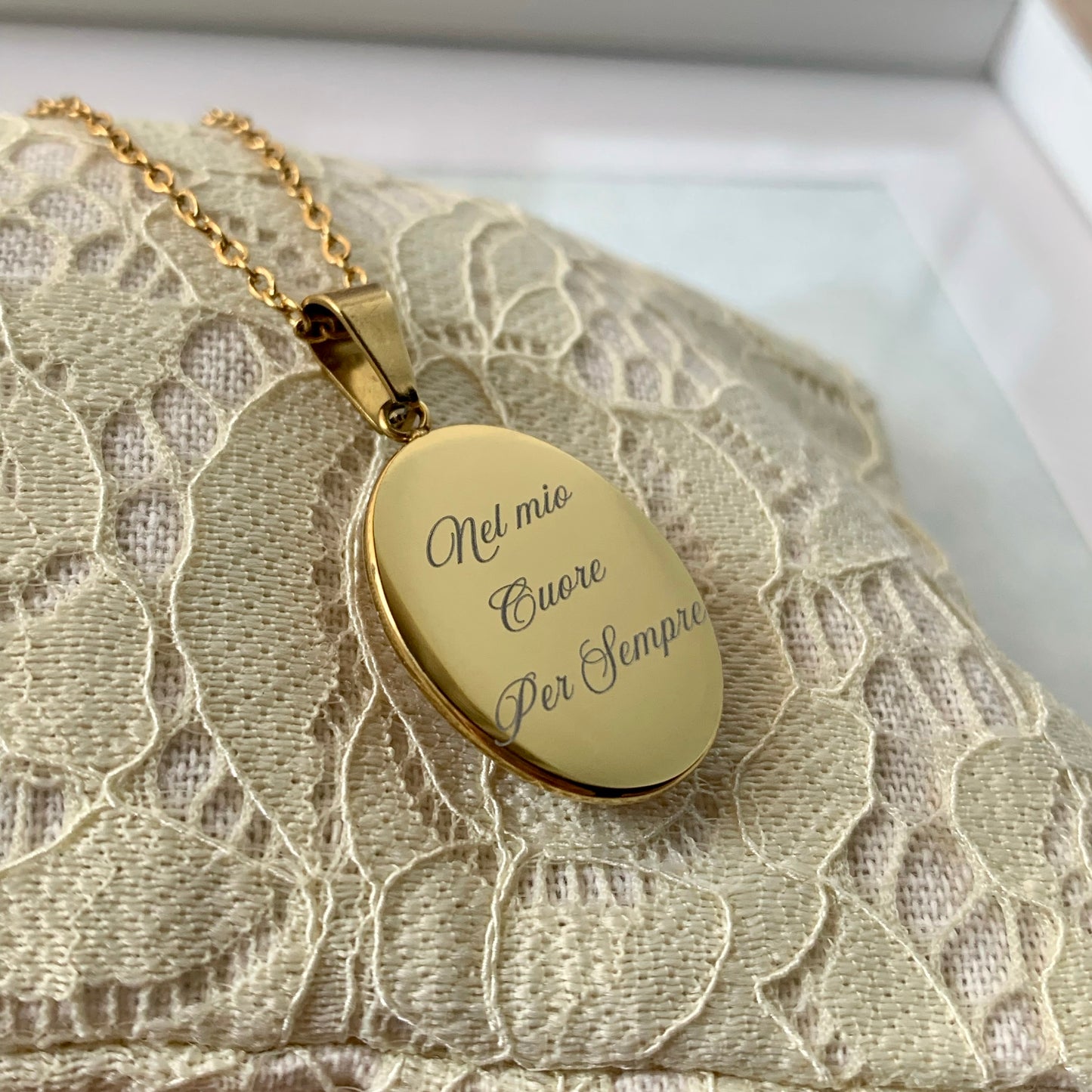 Collana Labradorite Naturale Cabochon Ovale - Acciaio Inossidabile Oro 18k - Pendente Pietra Semipreziosa - Incisione Personalizzata