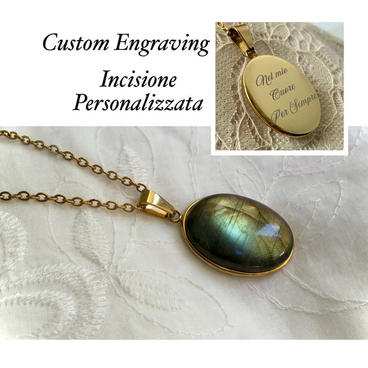 Collana Labradorite Naturale Cabochon Ovale - Acciaio Inossidabile Oro 18k - Pendente Pietra Semipreziosa - Incisione Personalizzata