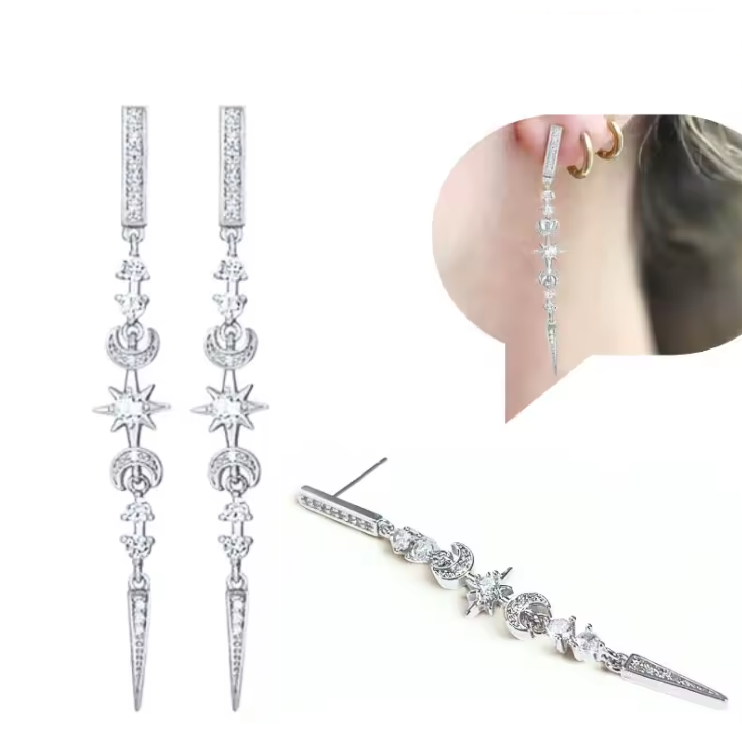 Orecchini "Celestial" Luna e Stelle Argento Sterling 925 e Zirconi Cubici