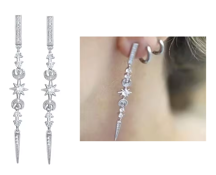 Orecchini "Celestial" Luna e Stelle Argento Sterling 925 e Zirconi Cubici