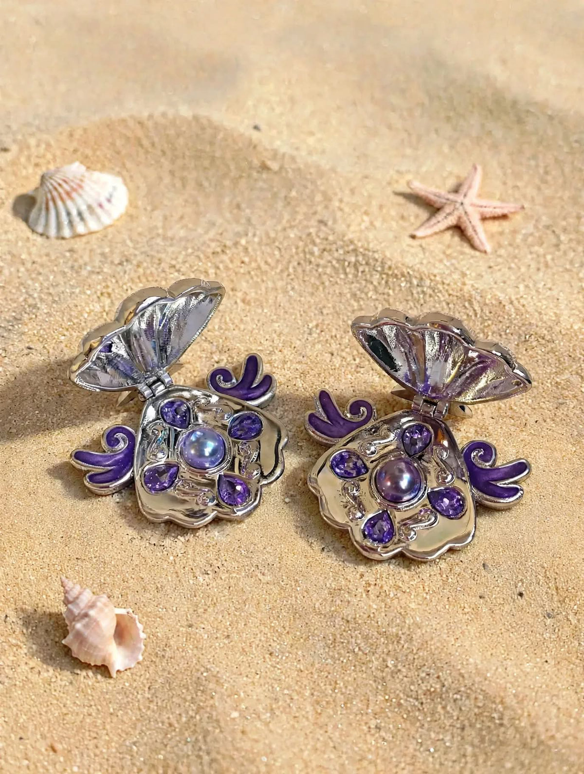 Collana Ciondolo Conchiglia Sirena Locket Medaglione Perla Viola e Cristalli Mermaid Melody