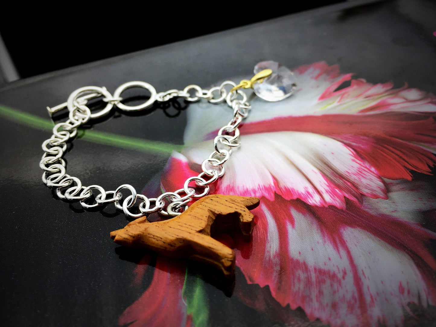 Bracelet "Bella" Crystal Heart and Hand Carved Wooden Wolf - Sterling Silver 925