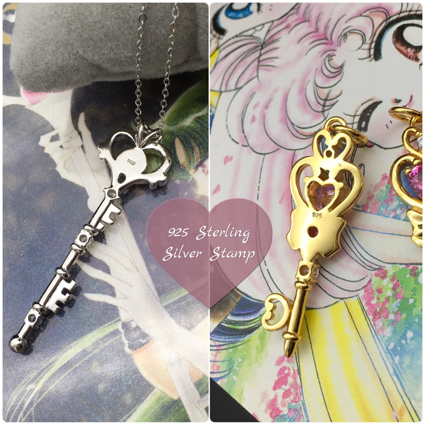 Collana Sailor Moon Chiave del Tempo Sailor Pluto Ciondolo Argento Sterling 925 Cristalli Cubic Zirconia