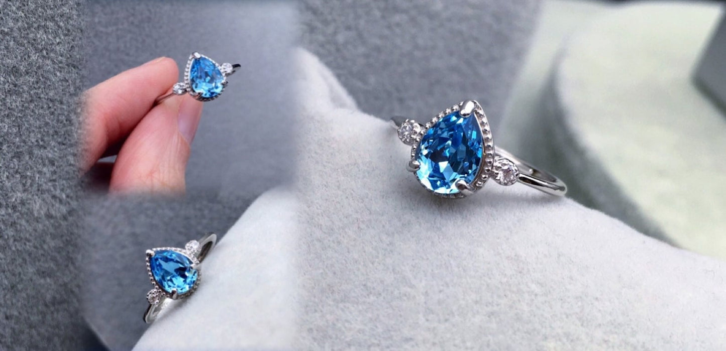 925 Sterling Silver Asuna Aquamarine Crystal Drop Ring - Anime Engagement Ring
