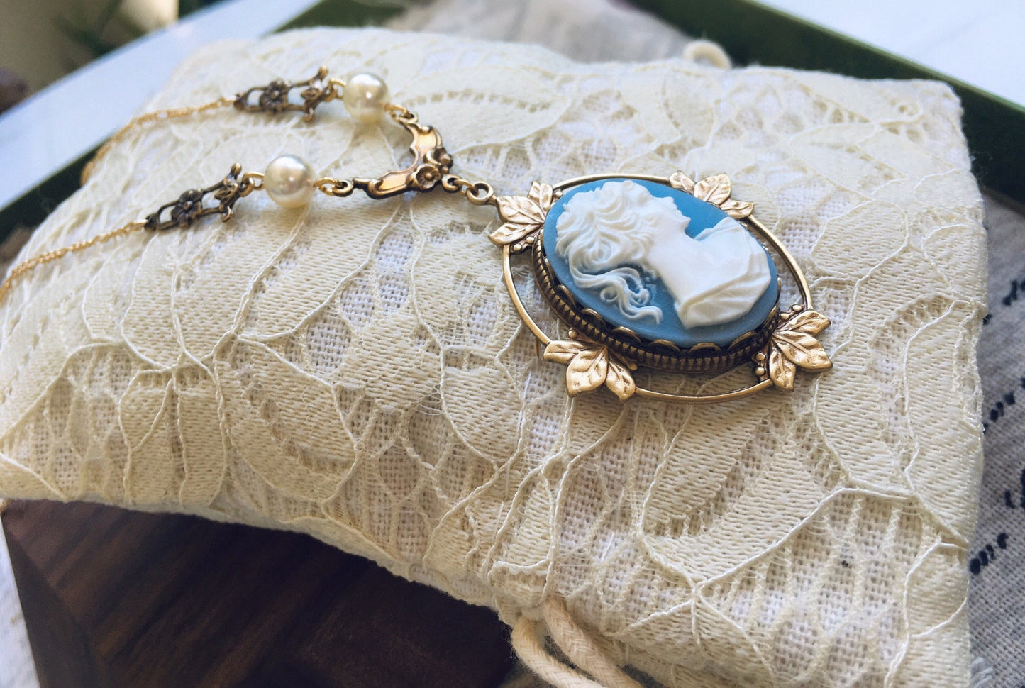 Vampire Necklace Katherine Pierce Cameo Light Blue Design #1