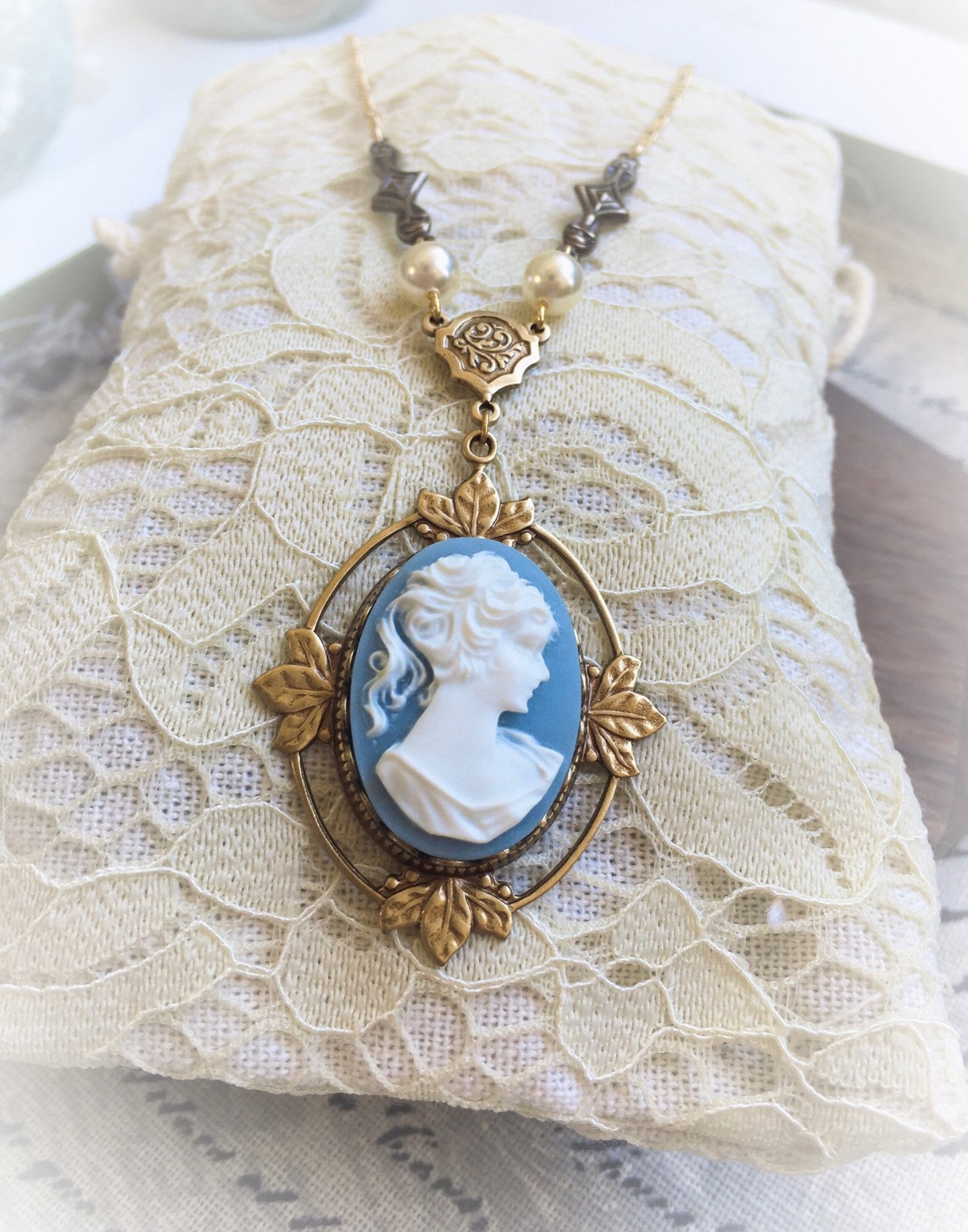 Vampire Necklace Katherine Pierce Cameo Light Blue Design #2