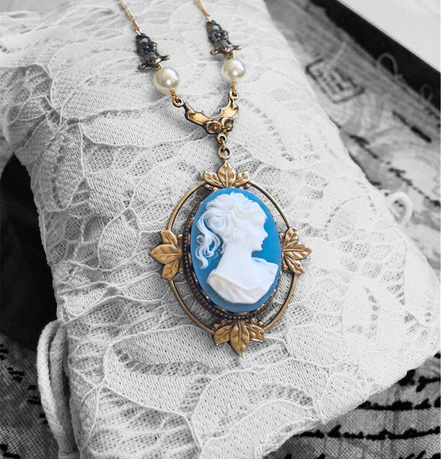 Vampire Necklace Katherine Pierce Cameo Light Blue Design #1