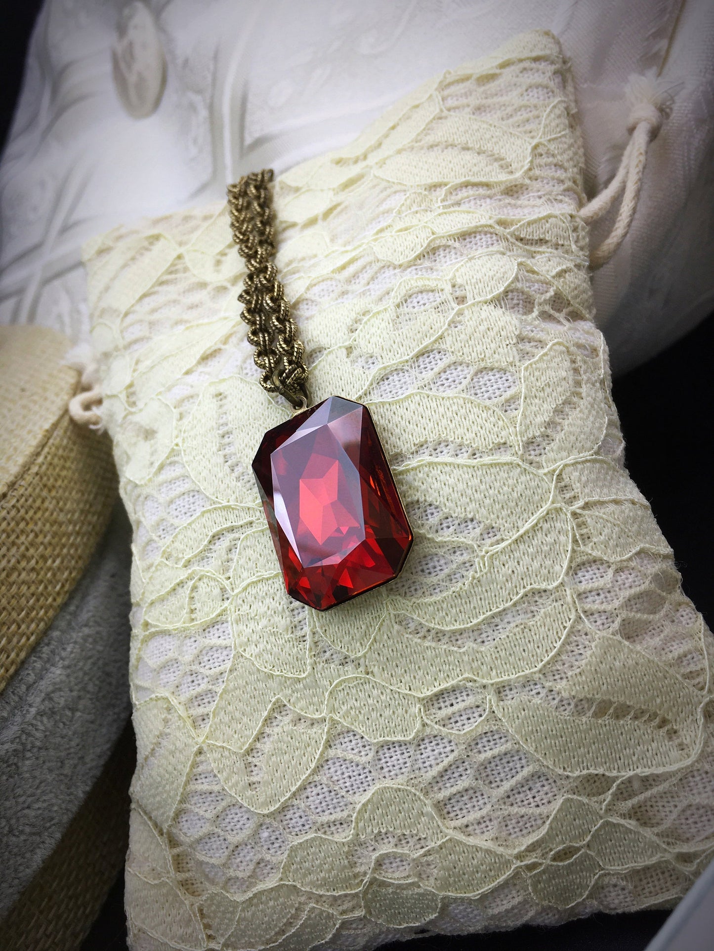 Necklace Morpheus Dream Octagon Pendant Brass Crystal Red Magma RARE