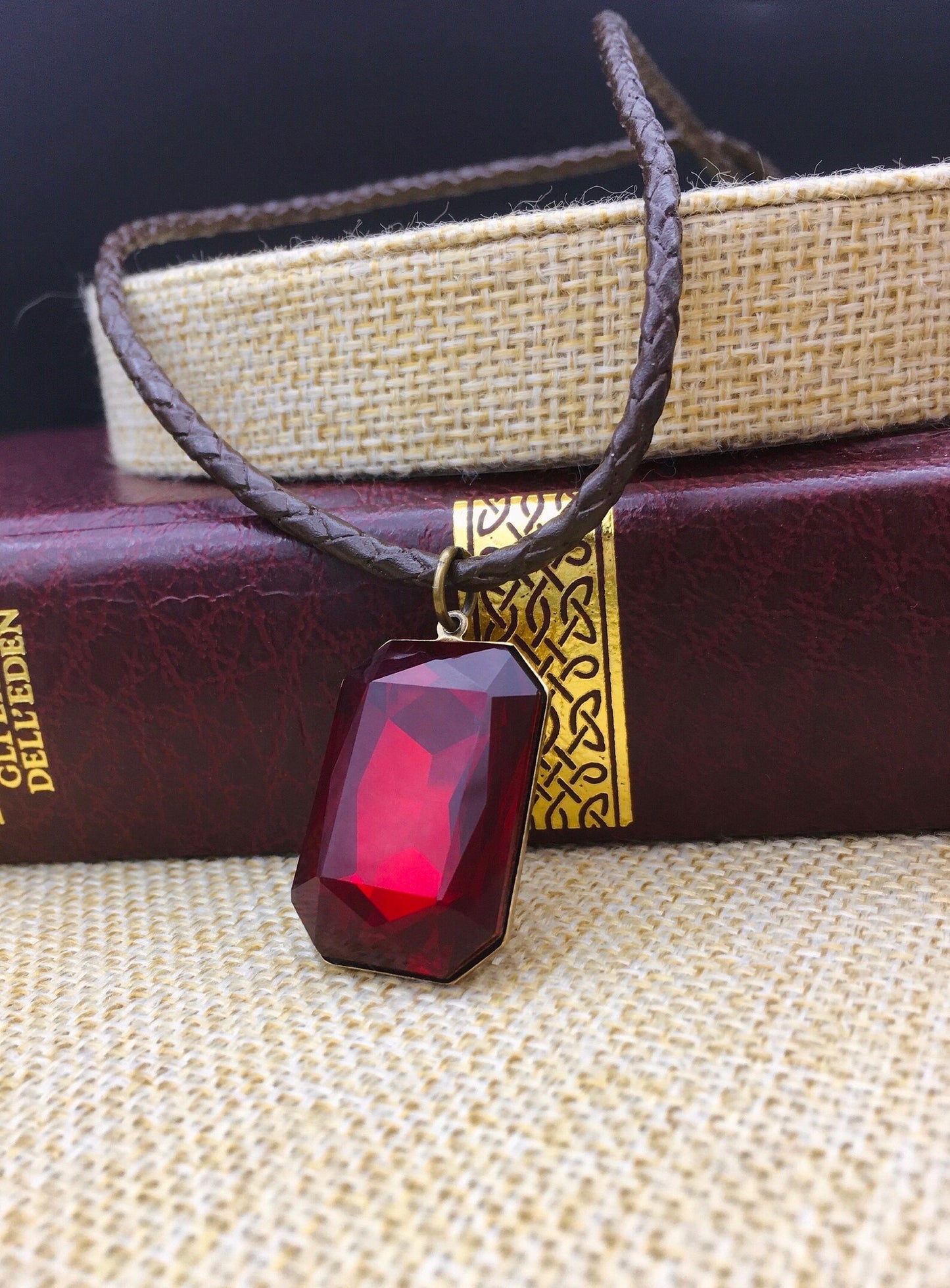 Morpheus Dream Necklace Brass Octagon Pendant with Red Siam Crystal Aurora Glass