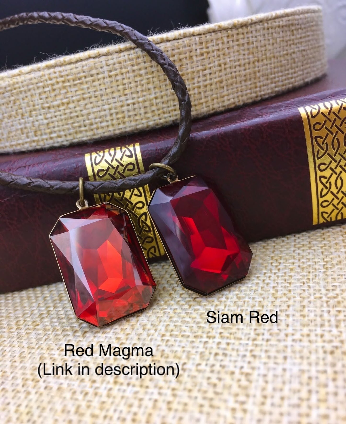 Morpheus Dream Necklace Brass Octagon Pendant with Red Siam Crystal Aurora Glass