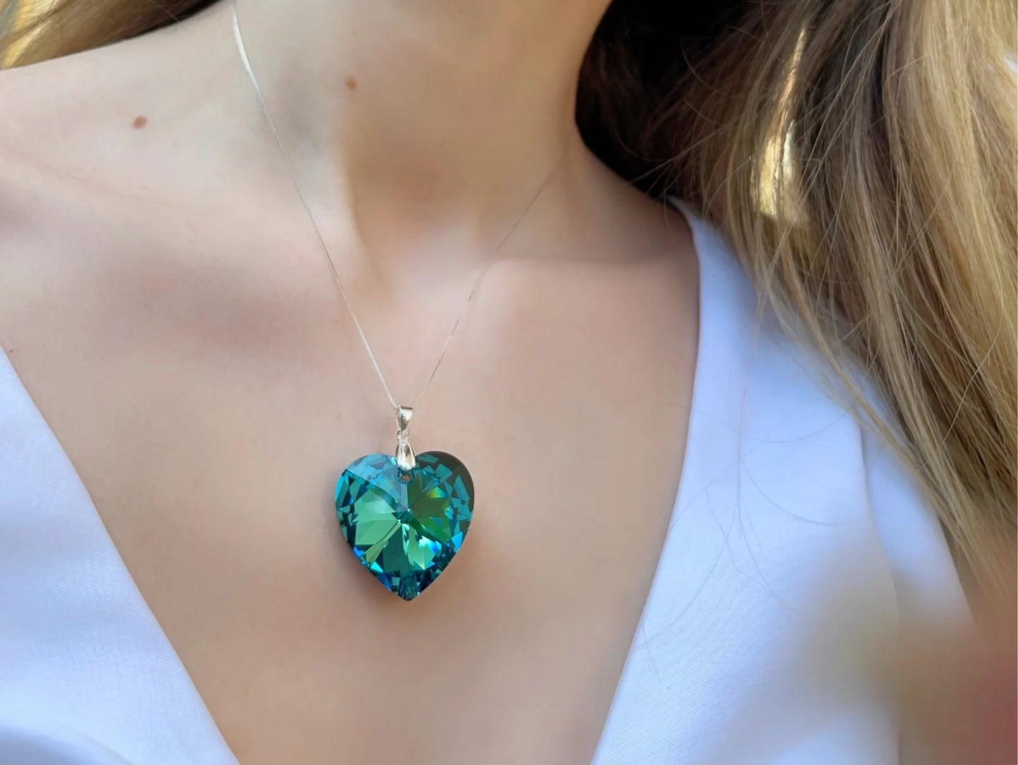 Collana Ciondolo Grande Cuore Blu in cristallo Swarovski® Blue Bermuda - Argento Sterling 925