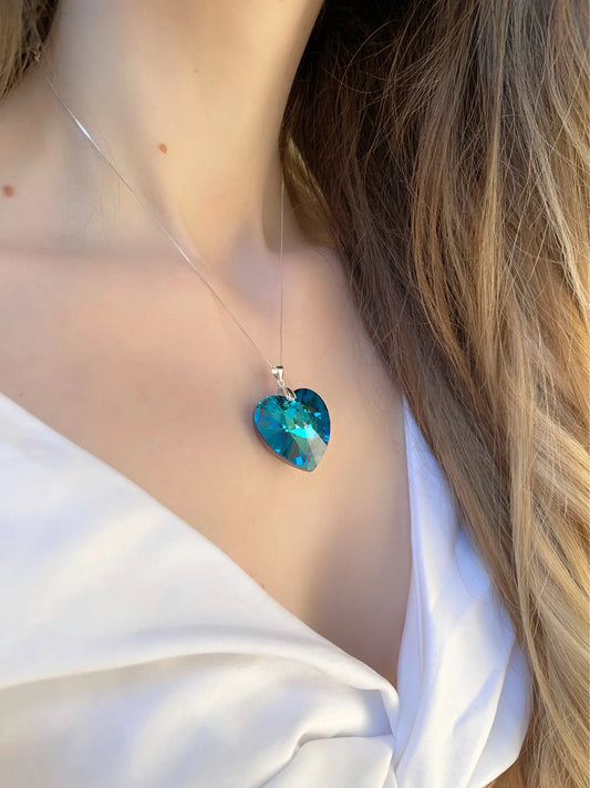 Collana Ciondolo Grande Cuore Blu in cristallo Swarovski® Blue Bermuda - Argento Sterling 925