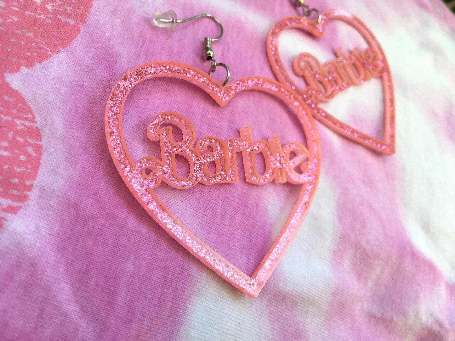 Large Heart Earrings Barbata Pink Glitter Doll B - Glitter Acrylic