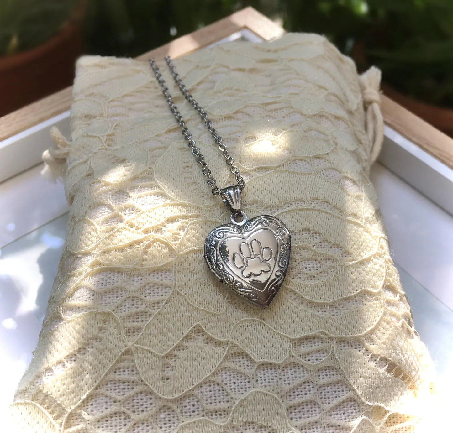 Collana Ciondolo Portafoto Cuore Zampa Paw - Acciaio Inossidabile - Commemorativo Animali Domestici Impronta con Incisione Personalizzata